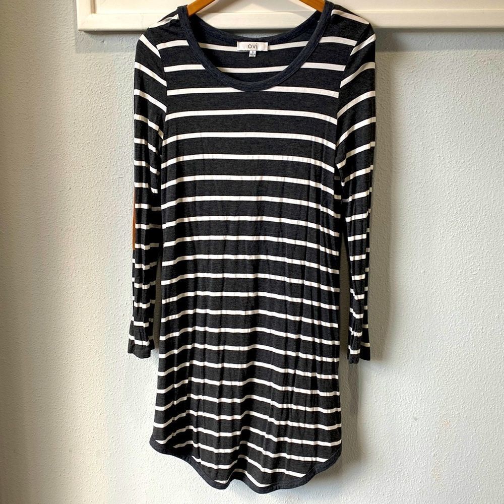 Jersey knit gray white striped dress